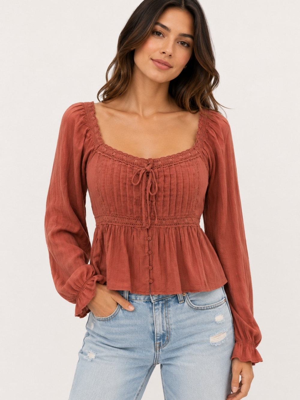 American Eagle Outfitters Rust Tie-Front Peplum Boho Peasant Blouse NWT